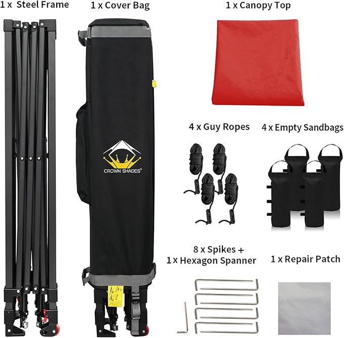 CROWN SHADES 10x10 Pop Up Canopy Tent - Patented Center Lock One Push Instant Outdoor Canopy Beach Tent with STO-N-Go Bag 8 Stakes & 4 Sand Bags，Red