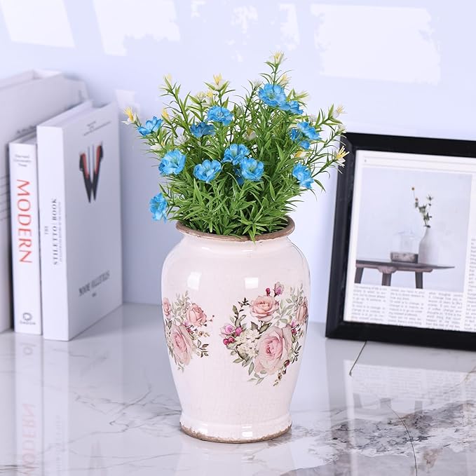 Vintage Vase for Flowers,Pink Chinoiserie Ceramic Vase,Rustic Farmhouse Cracked Vases,for Flower Arrangement,Living Room, Office, Shelf, Fireplace Tables,Centerpieces,Chinoiserie Pottery Decor(A)