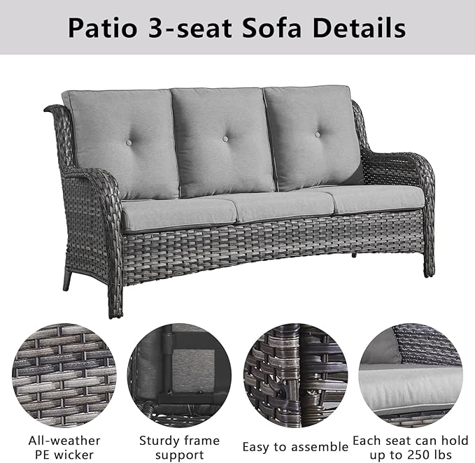 Outdoor Wicker Furniture Patio Set - 7 Piece Backyard Furniture Grey Rattan Conversation Sets with Swivel Rocker Chairs, Rattan Sofa, Club Chairs and Coffee Table, Grey Cushion