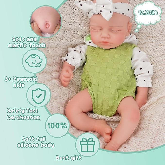 Girl 12.2 Inch, Full Silicone Baby Doll, Realistic Baby Dolls, Realistic Veins & Sleeping Pose, Not Vinyl, Reborn Baby Dolls Silicone Full Body, Gift Set