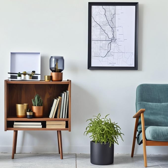 Fox & Fern 8 Inch Black Plant Pot with Drainage Plug — Premium Lightweight Fiberstone Matte Black Planter; 8 Inch Pots for Plants; for Indoor & Outdoor Use; Weather Resistant & UV Resistant