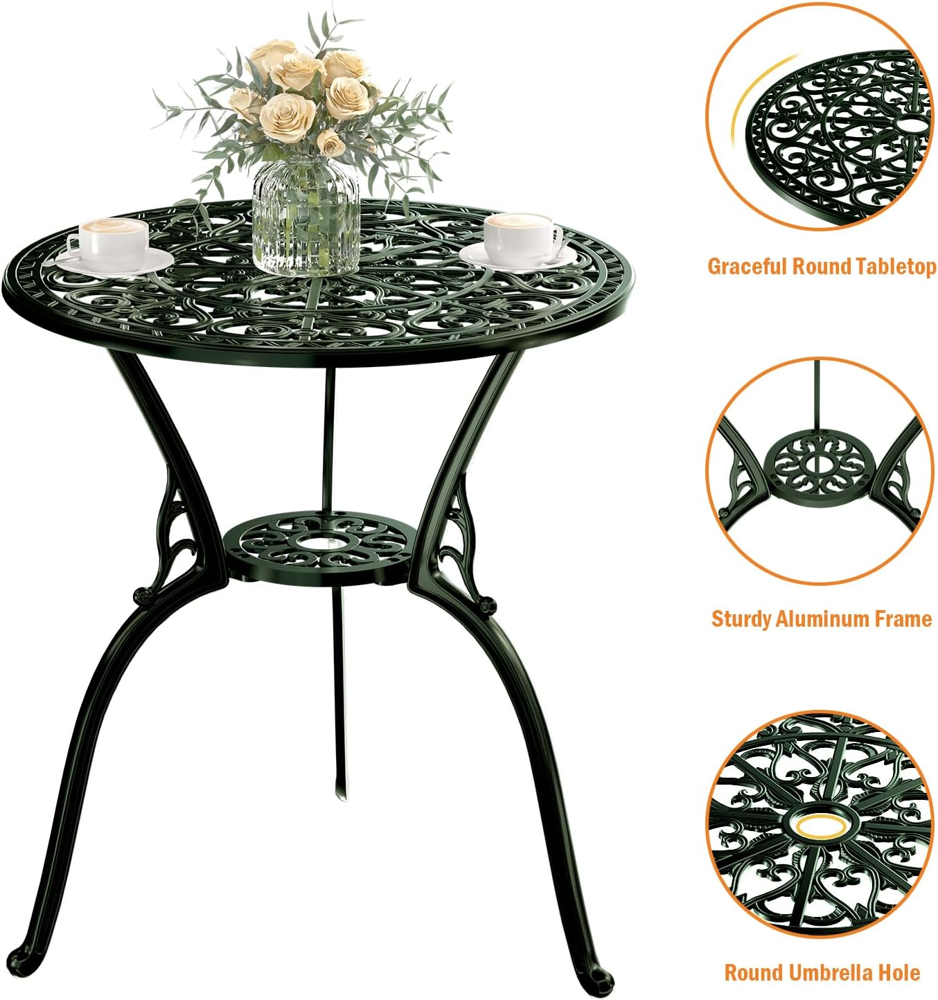 Patio Bistro Set of 2, Cast Aluminum, Outdoor Set w/Umbrella Hole, 3 Piece Table and Chairs Set, Bistro Set for Backyard/Garden/Lawn, Green