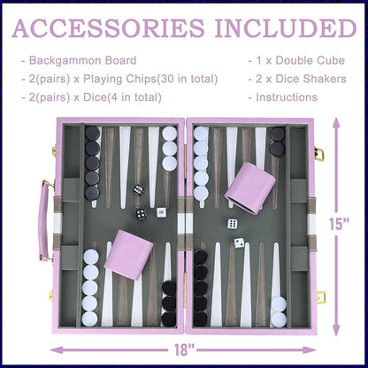 Backgammon Sets for Adults, 15 inch Backgammon Purple Sets Classic Board Game with Premium Leather Case, Portable Travels Strategy Backgammon Game Set for Adults, Kids (Purple)