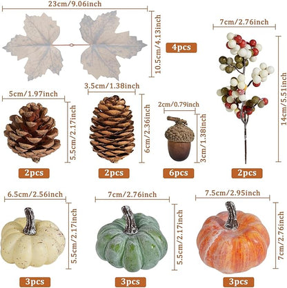 Artmag 25 PCS Pumpkin Decor Set, Artificial Pumpkins Fall Decor for Halloween Thanksgiving Decorations with Acorns, Pinecones, Berries, Maple Leaves for Home Table