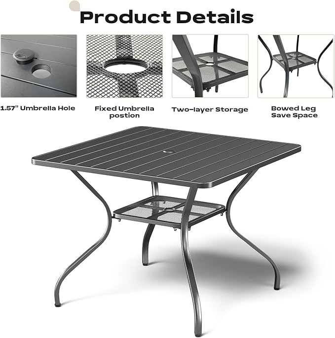 Patio Tables Outdoor Dining Table - Metal Coffee Tables with 2-Tier Storage Shelf 1.57" Umbrella Hole for Outside Proch Deck Balcony Garden Rectangle