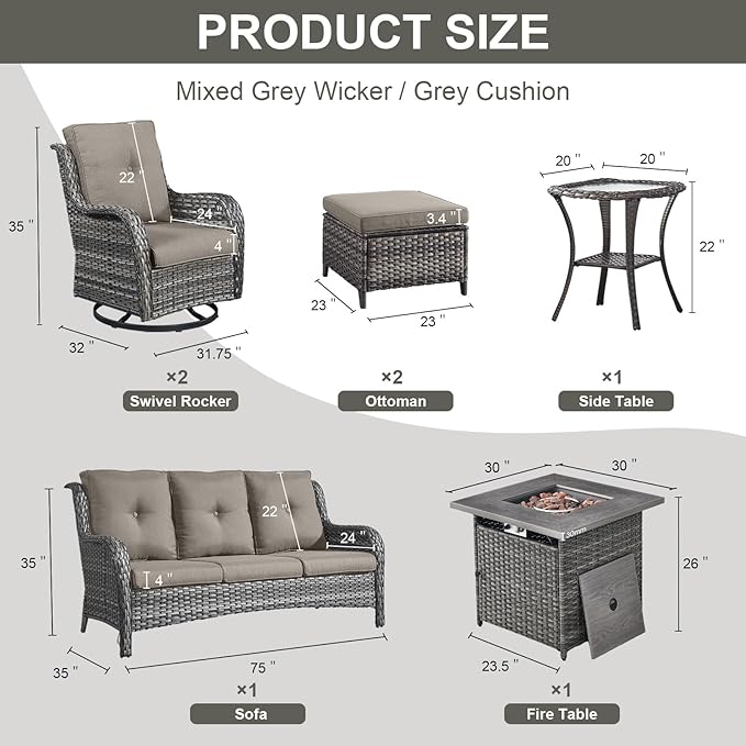 Outdoor Patio Furniture Set with Propane Fire Pit Table, 7 Pieces Wicker Patio Conversation Set with 2 Swivel Glider Rocker Chair Rattan Sofa Grey Cushion Perfect for Casual Gathering