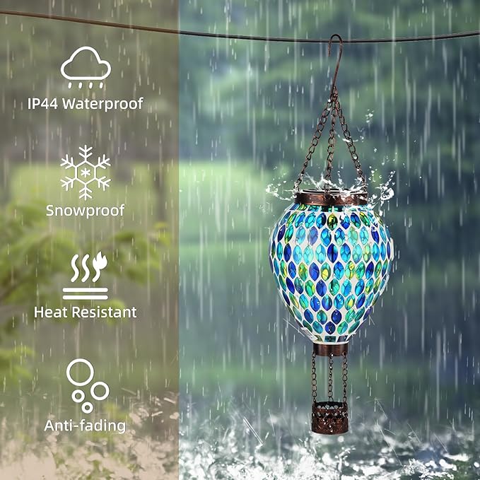 VOREEN Hot Air Balloon Solar Lantern, Mosaic Solar Outdoor Hanging Wind Light, Waterproof, Patio Festive Decor, Easter Gifts for Mom Father Grandma, Blue