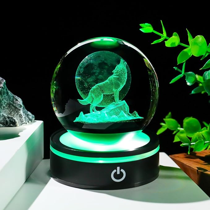 YWHL 3D Crystal Ball Moon Wolf Figurine with Colorful LED Base, Laser Wolf Gifts for Women Men Wolves Lovers on Christmas Birthday, Wolf Statue Glass Animal Decorative Ball for Home Decor (80mm)