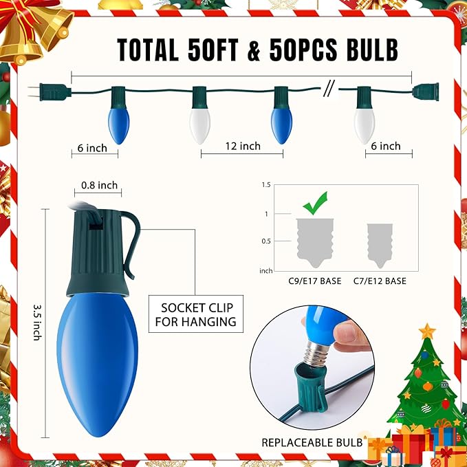 Minetom Outdoor Christmas Lights, 50 FT Vintage Blue and White C9 Christmas String Lights for Christmas Holiday Indoor Room Roofline Backyard Garden Patio Home Decor, E17 Base, Green Wire