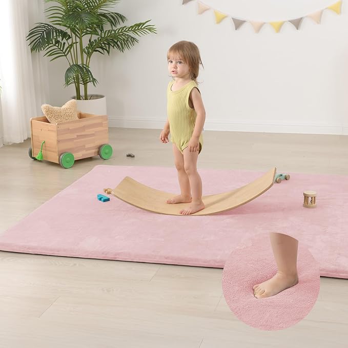 Baby Play Mat for Floor,1.3" Thick Elasti-Foam 50"×74" Playpen Mat for Tummy Time,Water Repellent Soft Coral Velvet for Toddler,Infant,Kids,Non-Slip Backing Safe for Crawling(Pink)