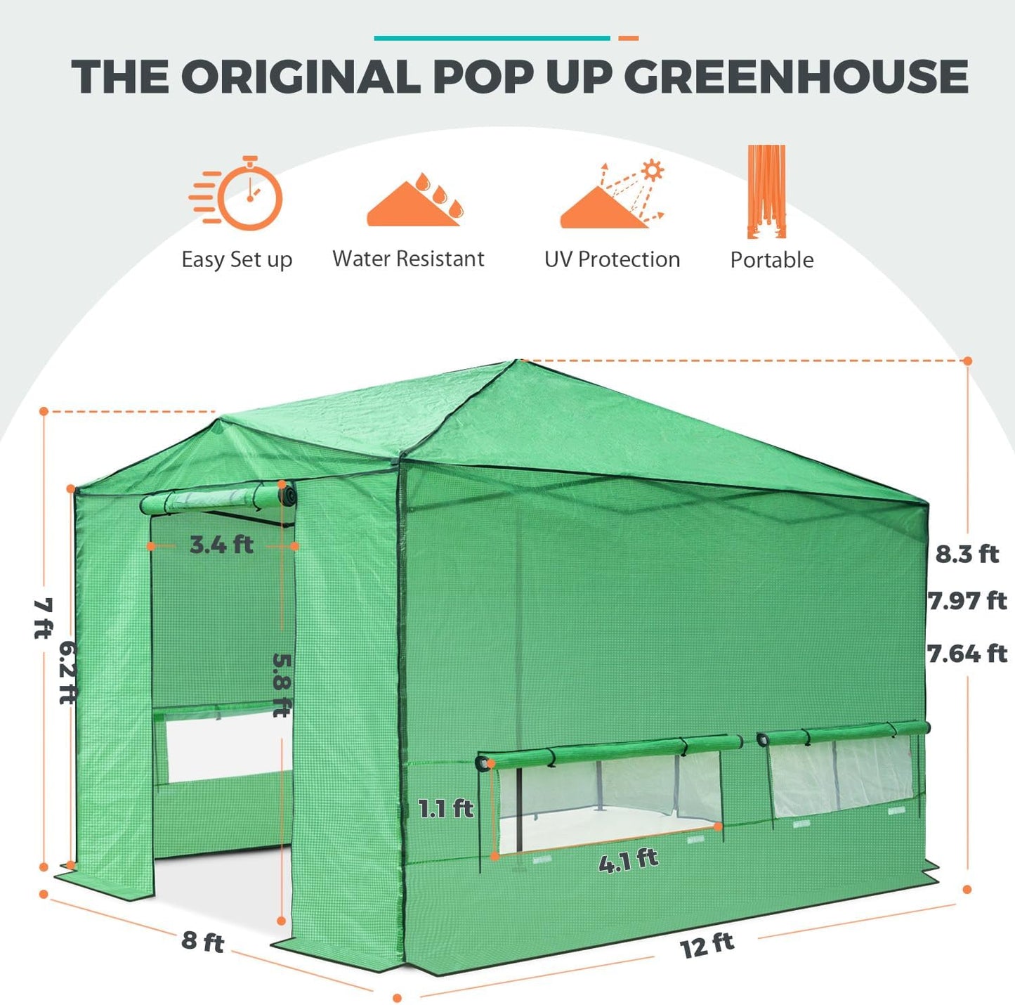 EAGLE PEAK 12x8 Portable Large Walk-in Greenhouse Instant Pop-up Fast Setup Indoor Outdoor Plant Gardening Green House Canopy, Front Roll-Up Zipper Entry Doors and Roll-Up Side Windows, Green