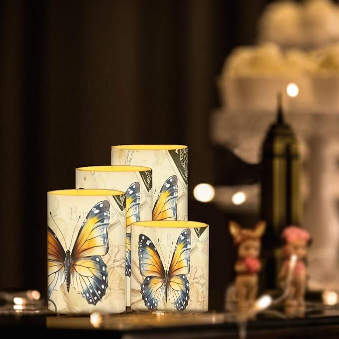 Flameless Candles Battery Powered with Multicolor Lights Timer Remote Control Everlasting Fake Candles for Party Garden Indoor Outdoor Wedding Decoration, Butterfly Yellow Retro