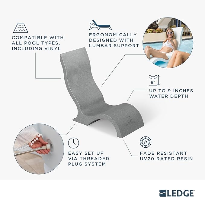 Ledge Lounger - Signature Chair - Inside Pool & Sun Shelf Lounge Chair - Designed for Shallow Shelves Up to 9” - Compatible with All Pool Types - Poolside & Sun Deck Tanning - Set of 2 - Sandstone