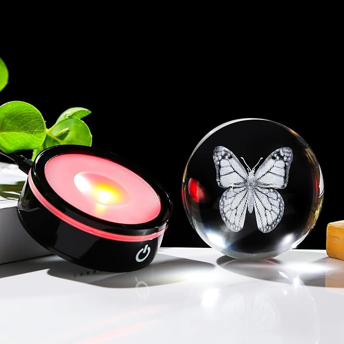 YWHL 3D Crystal Ball Butterfly Figurine with Colorful LED Base, Laser Butterfly Gifts for Women Men on Christmas Birthday, Ornament Glass Sphere Decorative Ball for Home Decor (80mm)