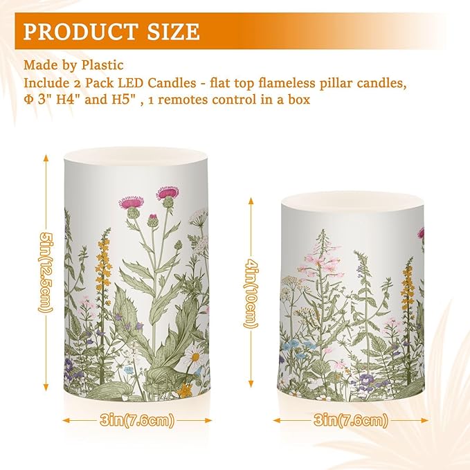 Flickering Flameless Candles, Flowers Herbs Wildflowers Botanical LED Candles with Remote Timer, Set of 2 Battery Operated Candle for Valentine Wedding Birthday