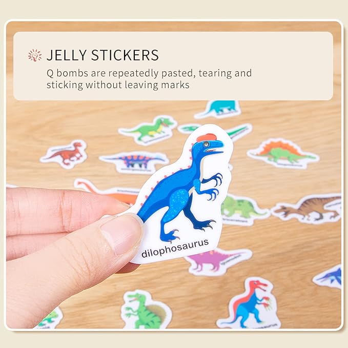 3 Pack Jelly Reusable Sticker Books for Toddlers 1-3 2-4 Years, Portable Travel Toys Sticker Activity Book for Kids 2 3 4 Year Old Girls Boys, Animal Dinosaur Vehicle Car