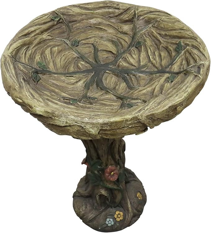 SunJet 25.5 Inch Heigh Wood-Look Concrete Bird Bath with Decorative Faux Bird – birdbath Rustic & Long-Lasting Design, Enhances Garden, Patio, Yard, Lawn Décor