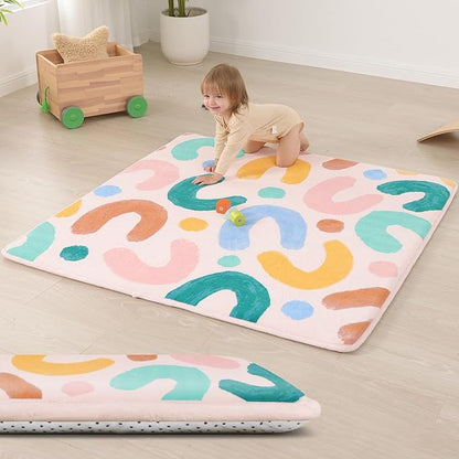 Baby Play Mat for Floor,1.3" Thick Cushioned Playpen Mat 50"x50",Extra Soft Elasti-Foam,Water Repellent Coral Velvet,Non-Slip for Crawling&Tummy Time,Infant Toddler Kids Nursery Rug(Doodle)