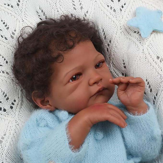 WOOROY Realistic Reborn Baby Dolls Black – 18-Inch African American Real Life Baby Doll Boy with Curly Hair and Open Eyes, Lifelike Gift Toy with Doll Accessories for Kids Ages 3+