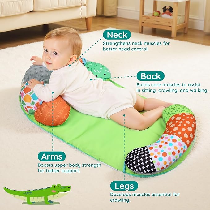 Lilian&Gema 2-in-1 Baby Tummy Time Mat & Support Pillow for Newborns and Babies, Adorable Alligator Design with Detachable Tummy Time Pillow, Soft Tummy Time Mat for Neck & Muscle Development