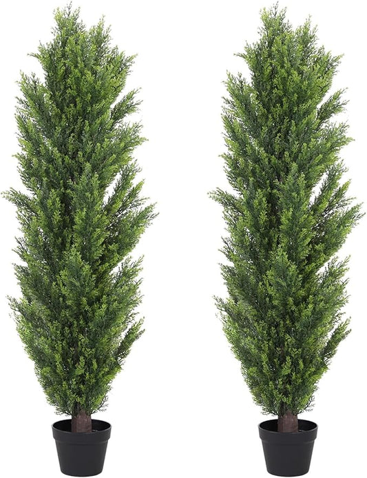 THE BLOOM TIMES 5ft Topiary Trees Artificial Outdoor – UV Resistant Faux Cedar Pine Cypress Bushes and Shrubs, Fake Potted Plants for Front Porch Outside Planter Patio Decor, Set of 2 (5 Foot)