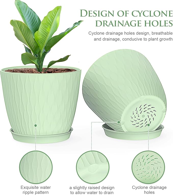 6 inch Flower Pots, 5 Pack Plant Pots with Drainage Holes and Saucers for Indoor Plants, Plastic Planters with Water Ripple for Small Garden House Plants, Nursery Pots for Succulent, Colorful