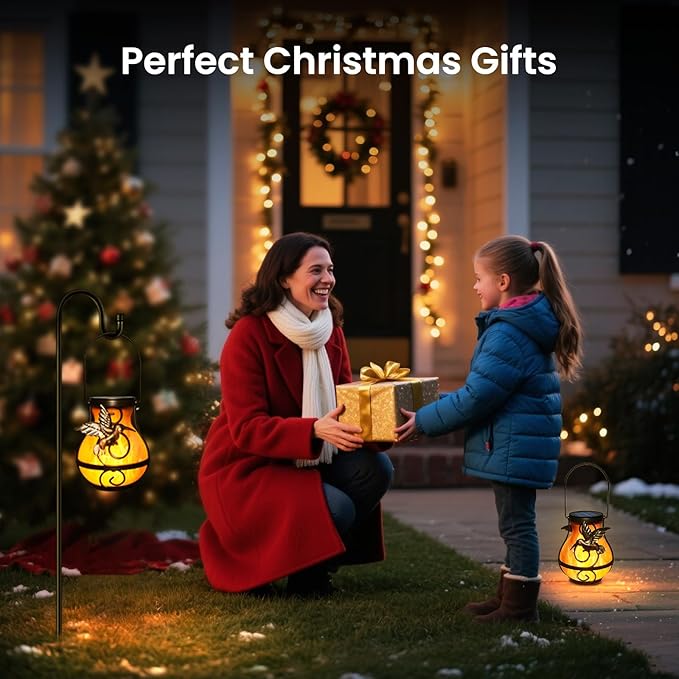 Solar Lights Outdoor Decorative, Hummingbird Flickering Flame Lantern Waterproof, Garden Decor Hanging Lights for Outside Patio Pathway Yard, Christmas Birthday Gifts, 2 Pack