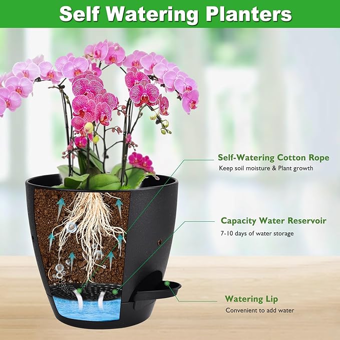 6 Inch Orchid Pots with Holes, 2 Pack Self Watering Planters for Orchids Plastic Orchid Pot Plant Flower Pots for Orchids Indoor Outdoor (Black)