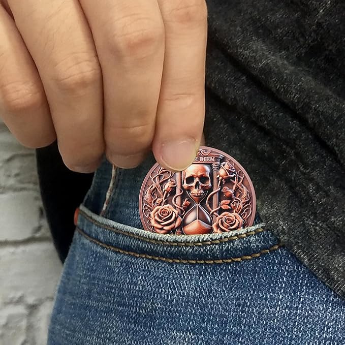 AtSKnSK Memento Mori Coin Momento Mori Coin Skull Coin Stoic Gifts Memento Mori Calendar Living Memento Mori Amor Fati Coin (Dead Tree Rose Skeleton)