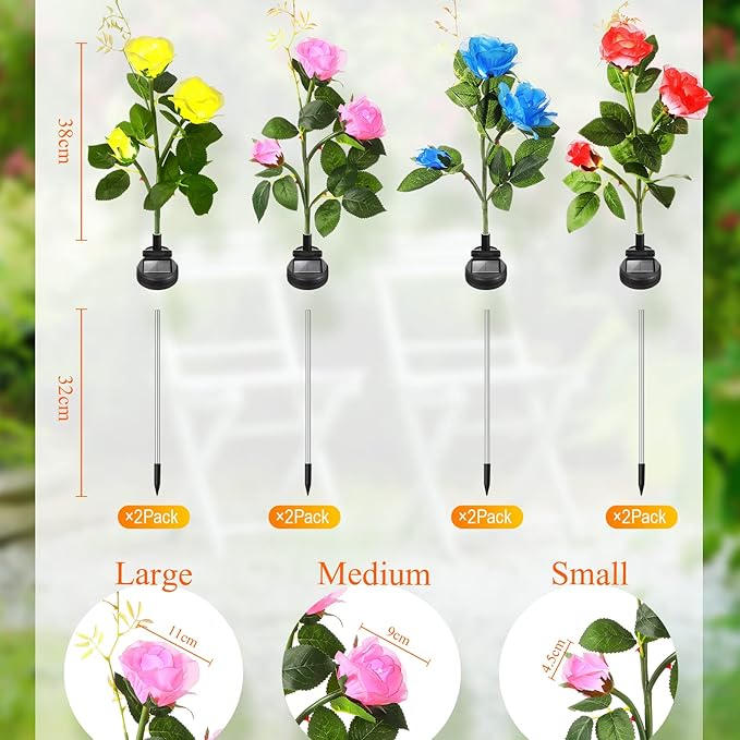 8 Pcs Solar Rose Flower Lights Colorful LED Solar Flower Lights Realistic Outdoor Floral Lights Power Decorative Flower Lights for Garden Patio Yard Pathway Decoration