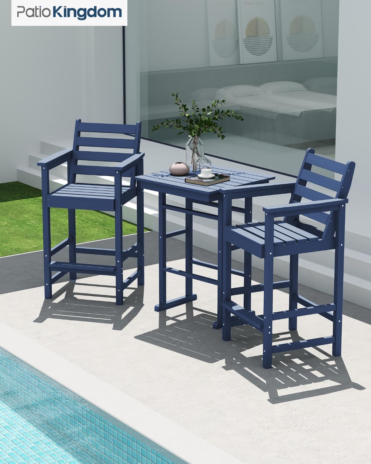 Outdoor Bar Set, 3-Piece HDPE Balcony Set with 2 Tall Adirondack Chairs and Bar Table, All-Weather Bar Height Stools for Patio, Backyard, Poolside (Navy Blue)