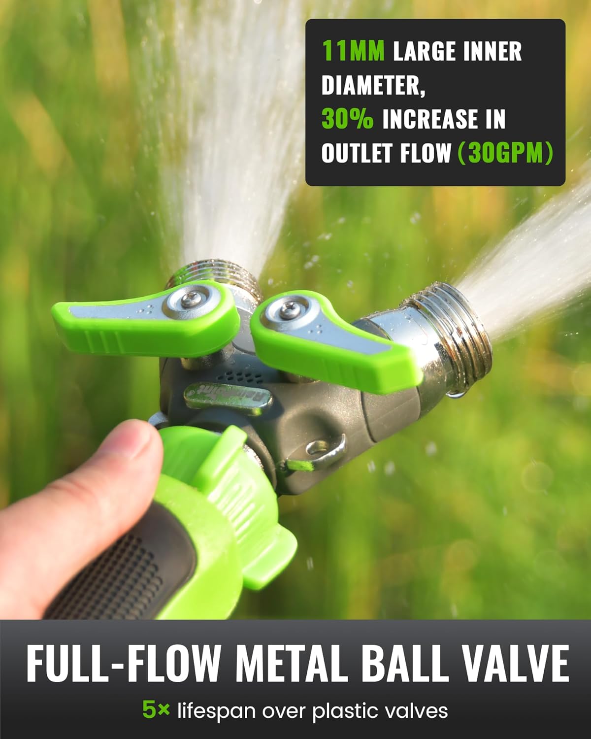 RAINPOINT Garden Hose Splitter, 2 Way Heavy Duty Water Hose Y Spigot Splitter with Shutoff Valves, 100% Metal Body Outdoor Faucet Splitter, 1.9" Extra Long Metal Handle, 3/4" GHT Thread (2, Green)