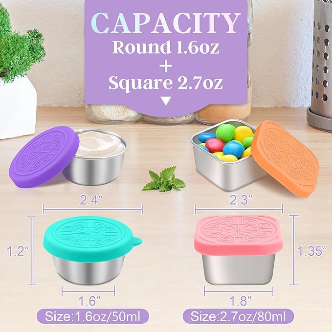 6 PCS Salad Dressing Container to Go,Handy Leakproof Stainless Steel Meal Prep Containers Reusable,Sauce Containers for Lunch Box, Picnics, Travel, Office and Kitchen Storage-1.6oz+2.7oz