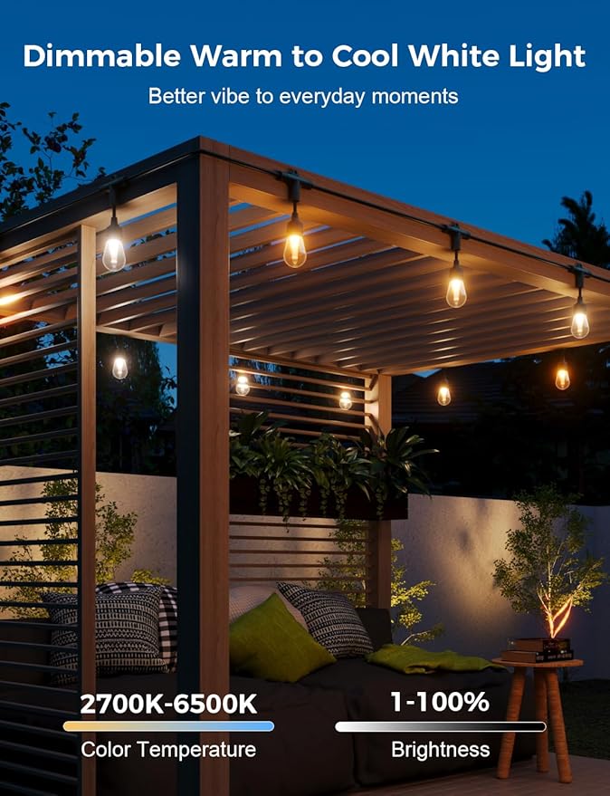 XMCOSY+ Smart Outdoor String Lights, 123Ft Patio Lights Waterproof, App Control, Compatible with Alexa, RGBCWIC Color Changing LED String Light for Outside