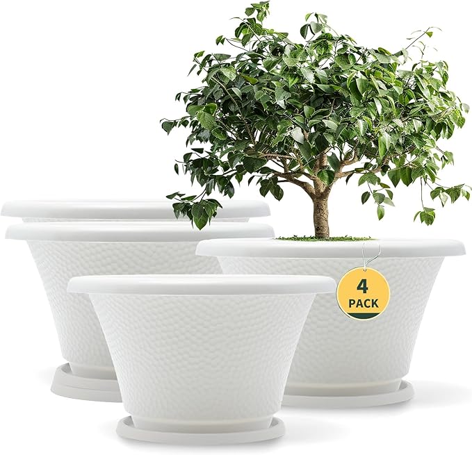 Quarut 12 Inch Plant Pot,4 Pack Large pots for Plants,Flower Pots with Drainage Hole & Saucer,Modern Planters for Indoor Outdoor Plants,Decorative Resin Garden Pots,White