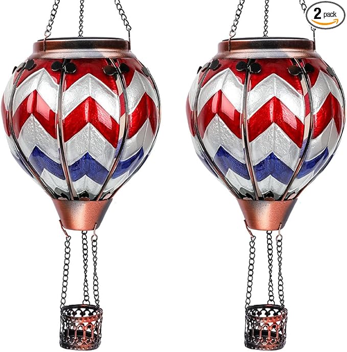 2PC Hot Air Balloon Solar Lantern with 2PC Shepherd Hook, Flickering Flame Hanging Solar Lanterns Outdoor Lights Waterproof Lanterns for Garden Patio Yard Party Decor (Wavy-Gray&Navy&Red)
