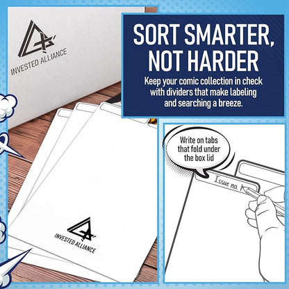 Bundle Set - Premium Short Comic Book Storage Box (3 Pack - White). Thick Cardboard Comic Book Box/Cabinet. Comics Books Bin for 150-175 Collectibles & White Comics Books Dividers (25 Pack)