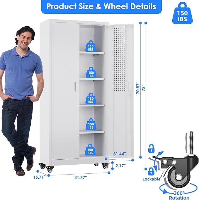 73" H Metal Garage Storage Cabinet with Wheels & Pegboard,Rolling Tool Cabinet with 2 Doors and 4 Shelves for Garage,Home,Office,Warehouse,Workshop, Required-Assembly,White