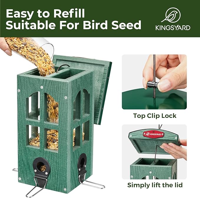 Kingsyard Upgraded Rainproof Bird Feeder for Outdoor Hanging - Metal Feeding Port, Recycled Plastic Wild Bird Feeder with Metal Mesh Tray for Goldfinch Small Bird, Garden Yard Decoration, Green