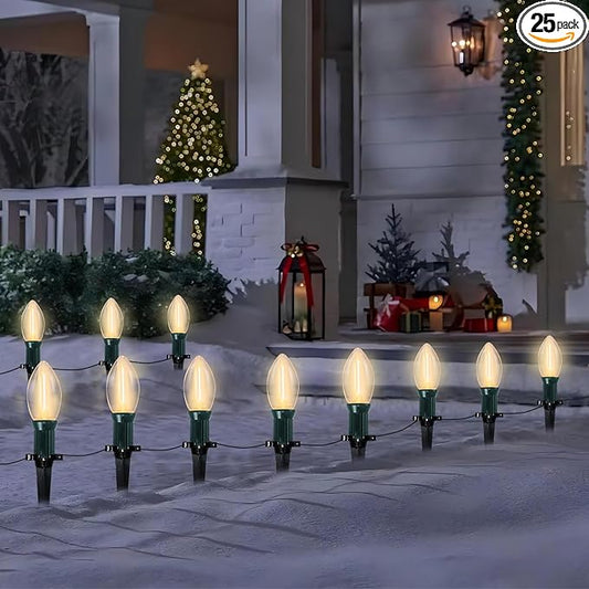 38Ft C9 Led Christmas Pathway Lights Outdoor, 25 C9 LED Warm White Bulbs String Lights Waterproof with Stakes, Connectable Christmas Walkway Lights for Outdoor Yard Lawn Sidewalk Driveway Decor