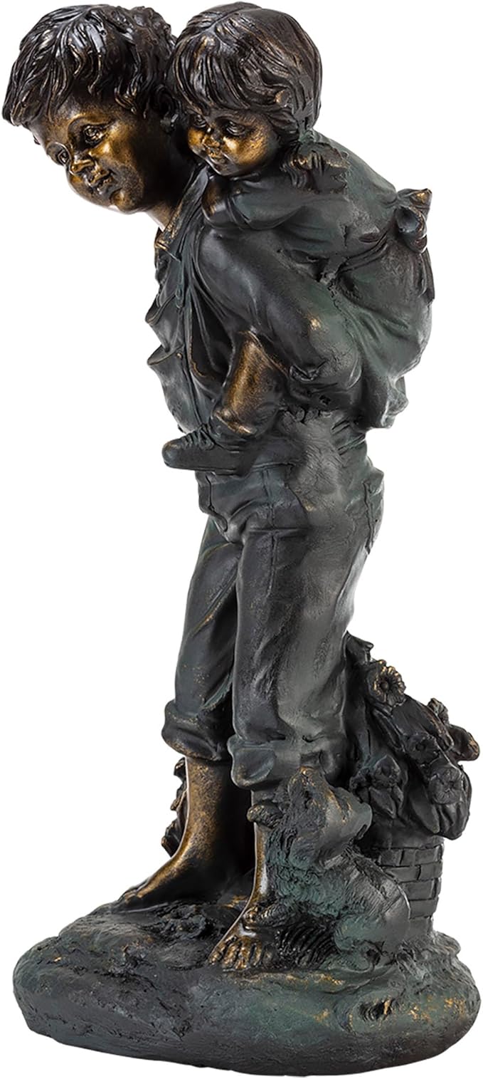 Alpine Corporation 16" Tall Indoor/Outdoor Patina Finish Piggyback Kids Yard Statue Decoration