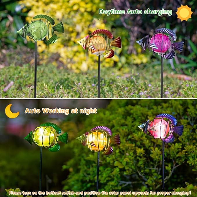 Outdoor Garden Solar Lights,3Pack Decorative Solar Lights for Garden Decor,Sea Fish Backyard Decor,Led Solar Lights with Stakes for Yard Landscape Patio(21.3''H)