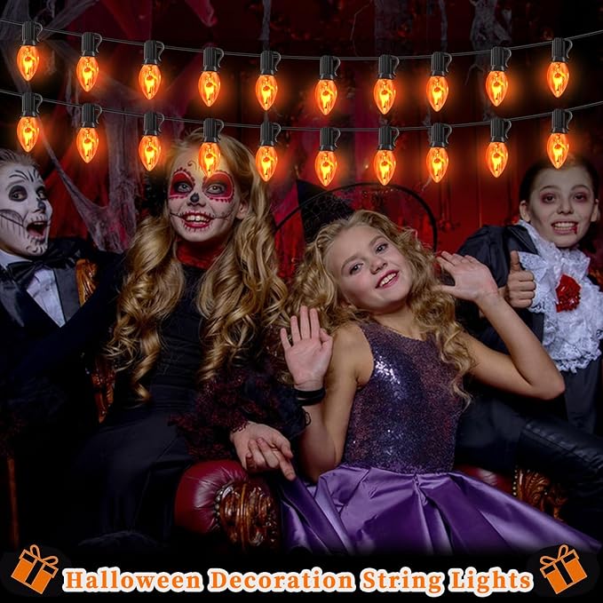 Flickering Flame String Lights with 27 C7 Clear Orange Flame Blubs (2 Spare), 25FT Vintage String Lights for Indoor Outdoor Halloween Decorations Party Black Wire