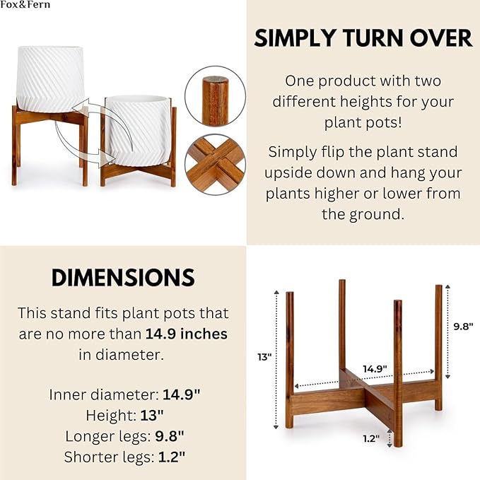 Fox & Fern Mid Century Plant Stand — 14.9 Inch Fixed Size Wooden Plant Stand for Indoor Planters; Extra Large Flower Pot Holder for Indoor Big Pots; Plug In Design; Two Height Options - Acacia