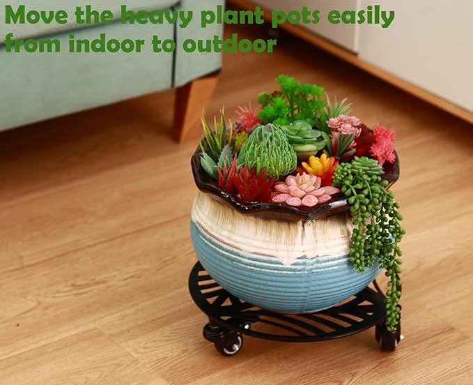 2 Packs Large Metal Plant Caddy with Wheels 13.6" and 12" Heavy-duty Wrought Iron Rolling Plant Stands with PU Metal Casters Indoor Outdoor Round Plant Pot Roller Base Planter Movers, Glossy Black