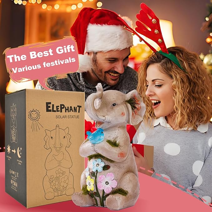 Solar Elephant Holding Solar Butterfly Lights - Resin Garden Outdoor Decorations for Patio,Balcony,Yard,Birthday Garden Gifts for Women Mom