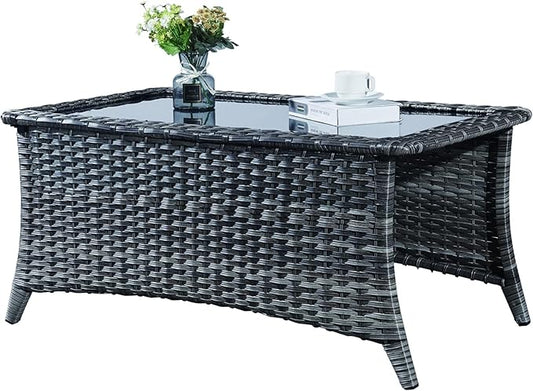 Patio Tables Wicker Coffee Table - Outdoor Rattan Coffee Tables with Glass Top for Patio Proch Deck Balcony Rectangle Mixed Grey