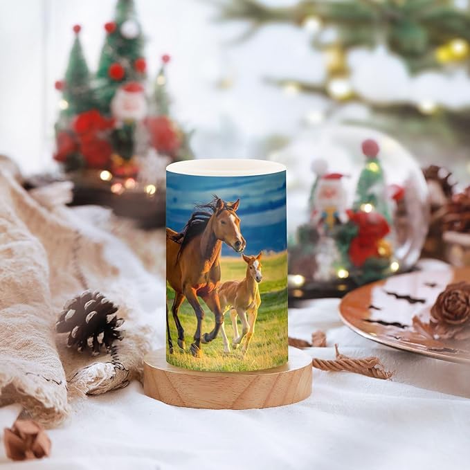 Flickering Flameless Candles, Beautiful Horses Summer Field LED Candles with Remote Timer, Set of 2 Battery Operated Candle for Valentine Wedding Birthday