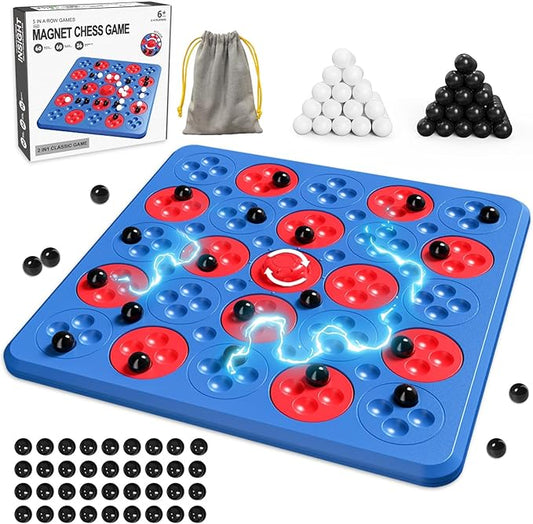 Magnetic Game Chess, Magnet Game, Magnetic Board for Kids Adults Family Games Night, 2 in 1 Multiplayer Magnetic Games with 36 Stones & Connect-5-Piece Toys, Magnet Chess Set Gift (Blue)