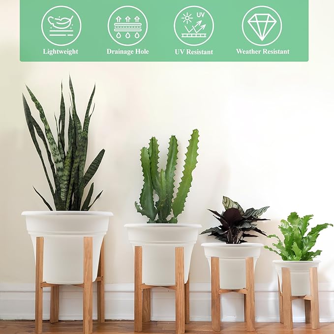 9 Inch Plastic-Flower Pot-for-Indoor Plants, 4 Pack Large Outdoor Planter Pot with Drainage Holes & Saucers, Resin Decorative Garden Pots Planters